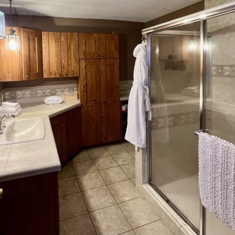 The main bathroom features an extra-large shower - The Cove at Fairview - Vacation Rentals - Asheville, NC