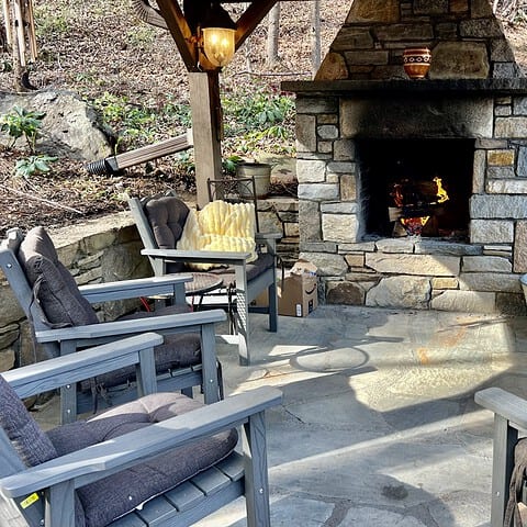 The spa area features a six-person hot tub, a pavilion and an outdoor fireplace - The Cove at Fairview - Vacation Rentals - Asheville, NC